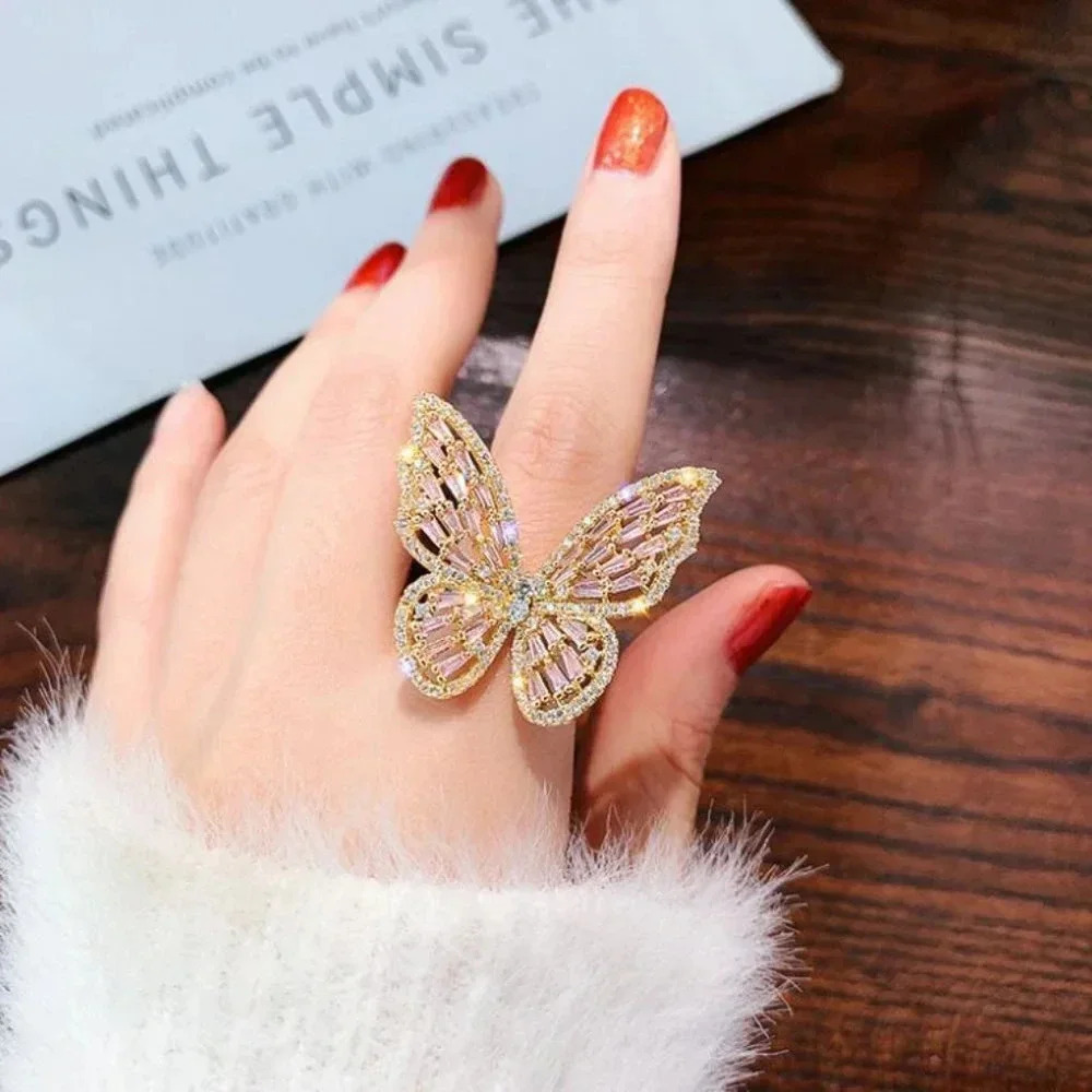 NEW Huge Gold & Pink Diamond Butterfly Ring